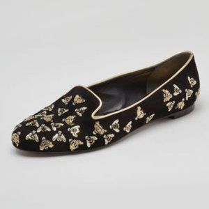 Alexander McQueen Black Suede Gold Bee Smoking Slippers, Size EU 36.5